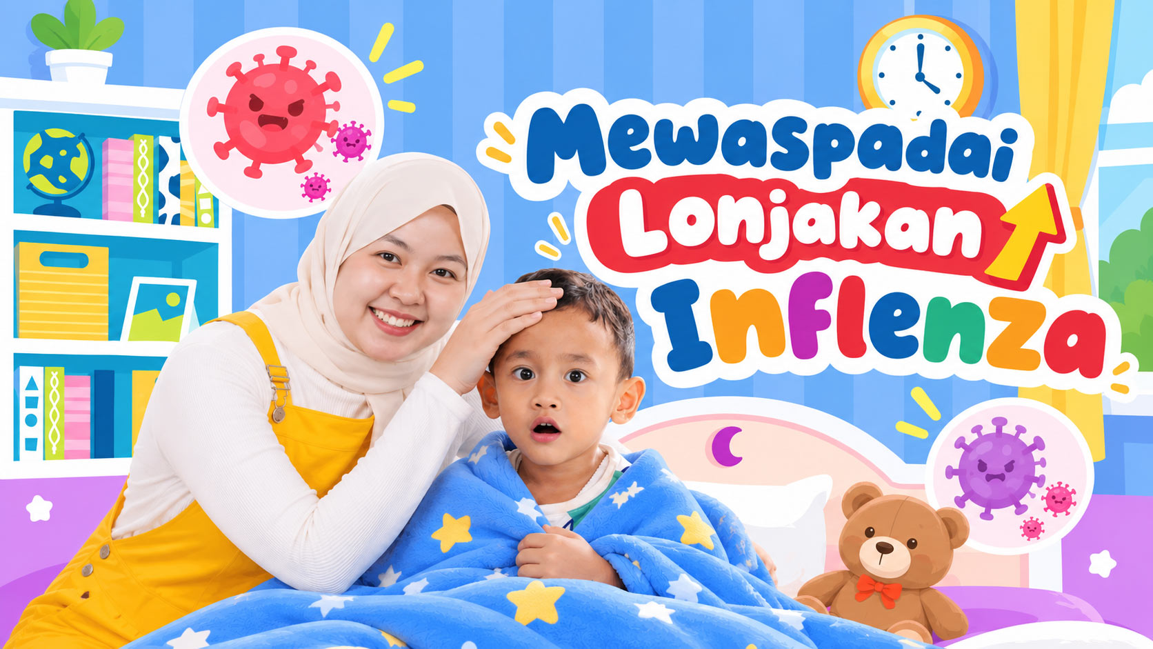 Ibu memeriksa suhu dahi anak yang sakit influenza
